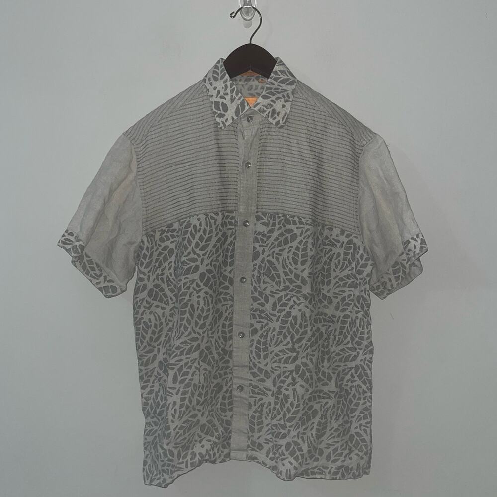 Men’s Grey Floral Pin Stripe Linen Button Down Shirt Resort Vacation Wear (0635)